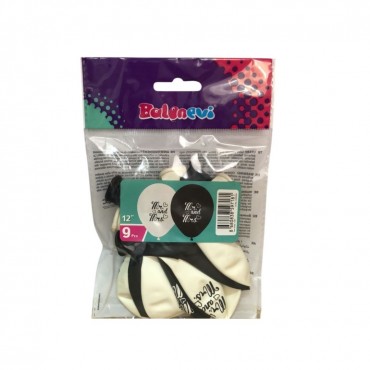 9'LU PAKETTE 1+1  MR&MRS BASKILI SİYAH VE BEYAZ BALON (12)