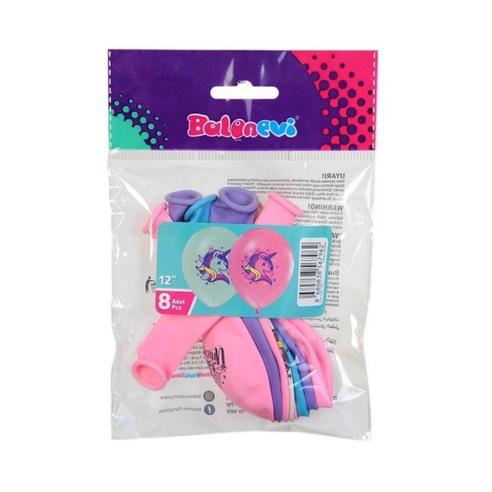 8'Lİ PAKETTE 4+1 RAINBOW UNICORN BASKILI BALON (12)