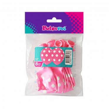 8'Lİ PAKETTE ÇEPEÇEVRE PUANTİYE BASKILI PEMBE BALON (12)